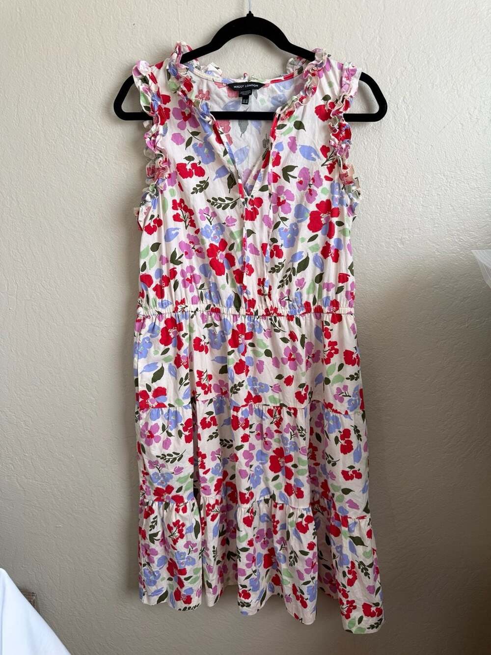Maggy London Floral Dress Size 14 Sleeveless Ruffle whimsical cottage core